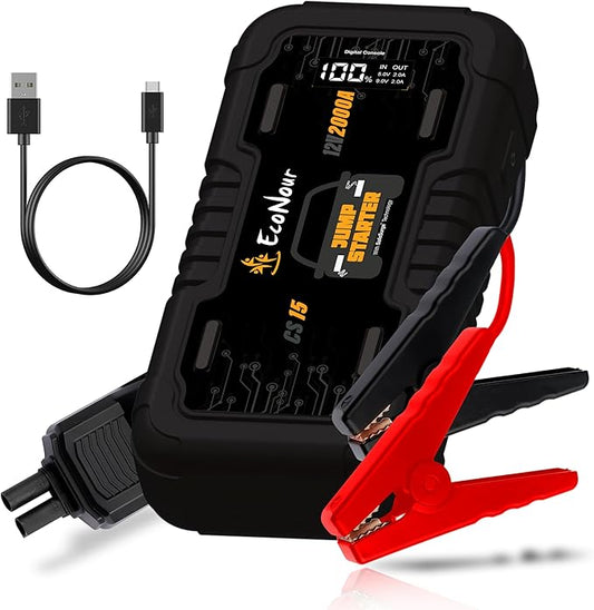 EcoNour Car Battery Jump Starter | Portable 2000A Battery Jumper Starter | Ideal for Up to 8L Gas & 6L Diesel Engines | Car Starter with Torchlight and SOS | Compatible with Ford, Benz & Toyota