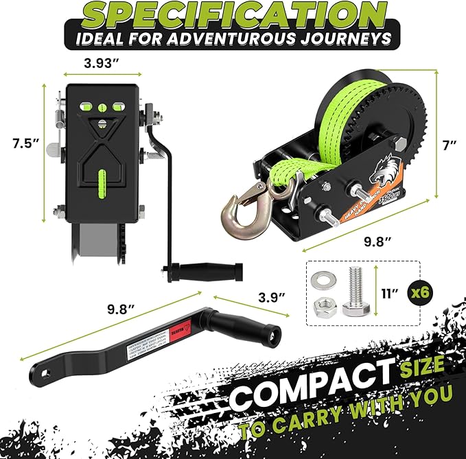 33FT Strap Boat Trailer Winches，2-Way Ratchet System Designed for Heavy-Duty Applications. 3500 lbs Ideal for Towing Trucks, ATVs, RVs, and Jet Skis.