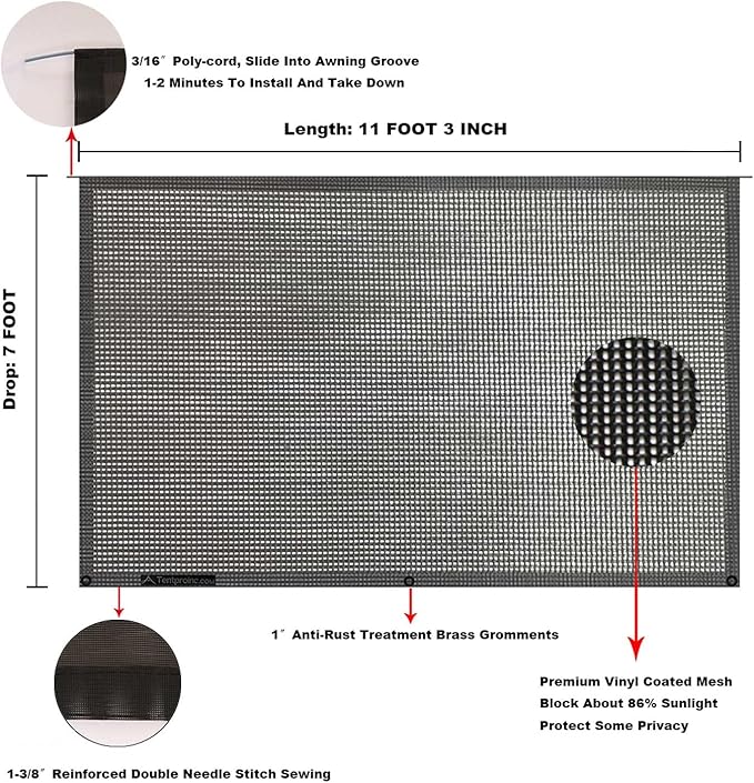 Tentproinc RV Awning Sun Shade Screen 7' X 11' 3'' (Fit fot 12' Awning) Mesh Sunshade UV Blocker Complete Kits Motorhome Camping Trailer Awning Sunscreen Screenshade - 3 Year Warranty (Black)