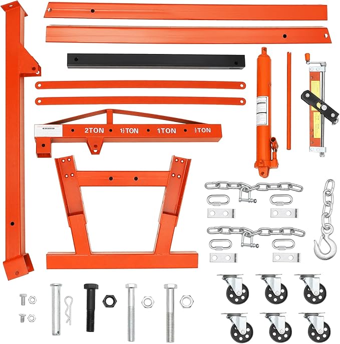 2-Ton Folding Engine Hoist Cherry Picker 4400 Lb Capacity Hydraulic Shop Crane with Telescoping Boom 6 Caster Wheels for Automotive Repair (Yellow, Engine Hoist with Leveler)