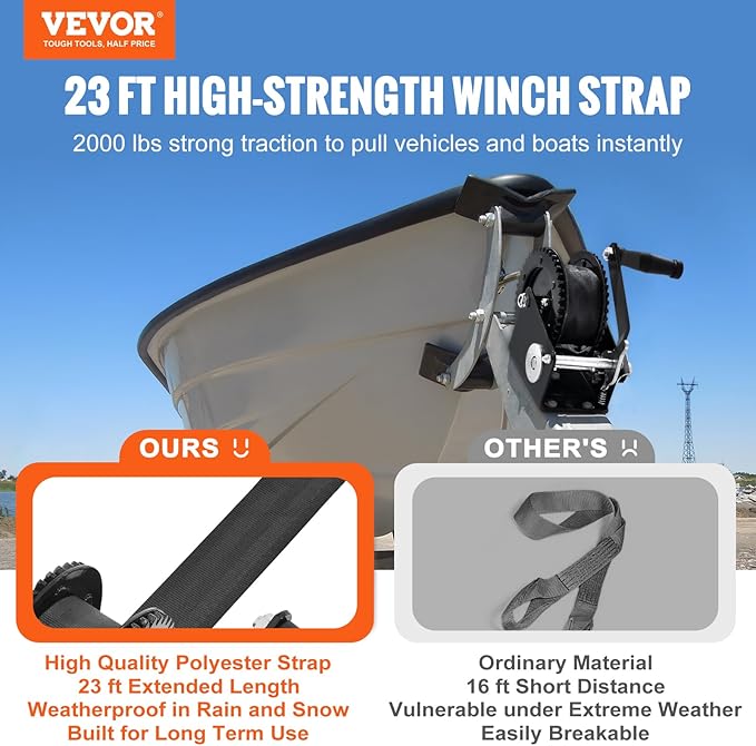 VEVOR Boat Winch, 2000 lbs Capacity Hand Boat Trailer Winch Heavy Duty Rope Crank with 23 ft Polyester Strap and Two-Way Ratchet, Manual Operated Hand Crank Winch for Trailer, Boat or ATV Towing