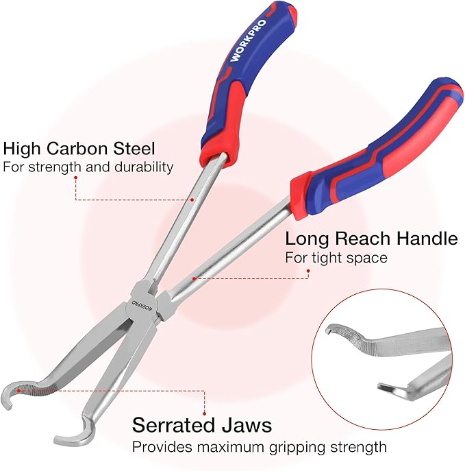 WORKPRO 3 PCS 11" Hose Gripper Plier Set, Long Reach Hose Gripping Pliers, 5/16-Inch, 1/2-Inch, 3/4-Inch Dia, Spark Plug Boot Removal Pliers, Serrated Jaws for Hard to Reach Narrow Spaces