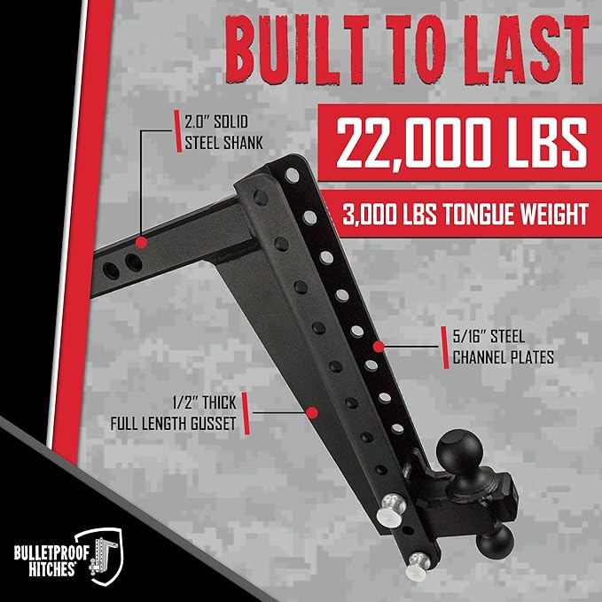 BulletProof Hitches - 2.0" Adjustable Heavy Duty Trailer Hitch (22,000 lb. Rating) - 16" Drop/Rise Trailer Hitch with 2" & 2-5/16" Dual Ball - Powder Coat, Solid Steel, Corrosion-Resistant