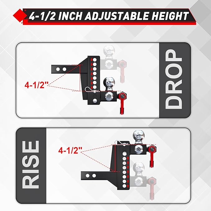 TYT Adjustable Tri-Ball Trailer Hitch for 2 inch Receiver, 4.5" Drop/Rise, Triple Balls (1-7/8", 2", 2-5/16") with Shackle , 10,000 lbs GTW, 1,000 lbs TW ,Pin Lock & Hitch Tightener