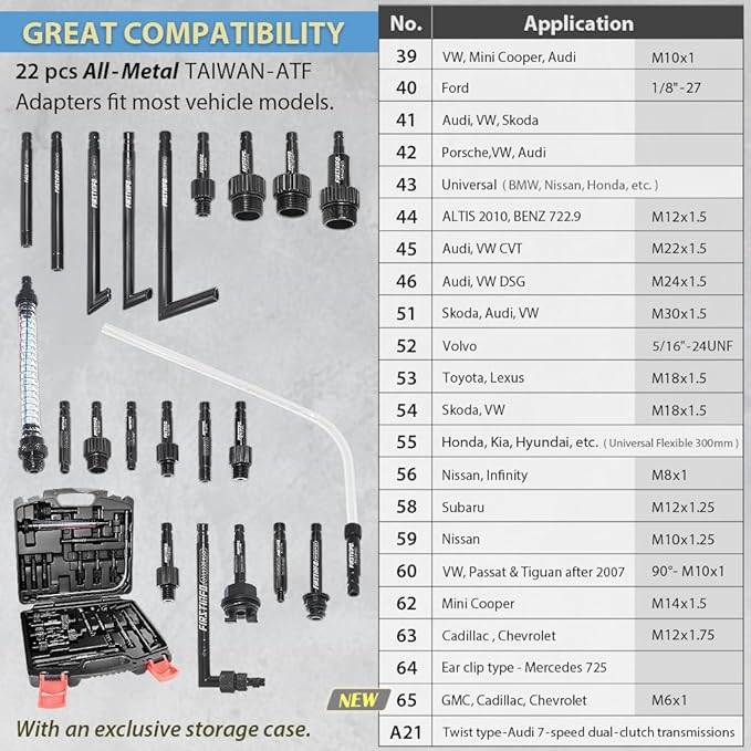 FIRSTINFO Patented 10 Liter 22 Pcs Taiwan-ATF Filler Adapters | Pneumatic Transmission Fluid Dispenser Pump | Hanging Hook | 360° Z-Swivel Air Inlet | Spring Structure Hose