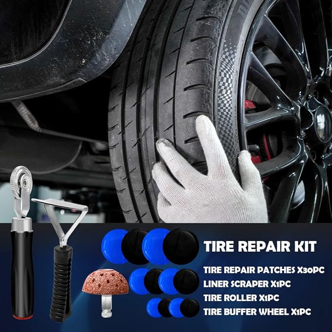 34Pcs Tire Repair Patch Tools Tire Patch Kit, Tire Patch Roller Kit Tire Repair Tungsten Steel Buffing Wheel with Inner Liner Scraper Tire Repair Tools for Car Motorcycle Bike (55 mm)