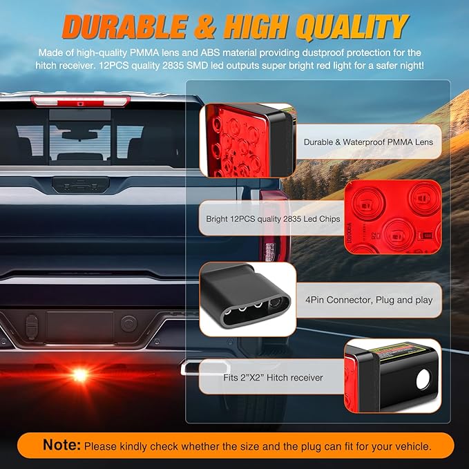 Nilight LED Brake Light Trailer Hitch Cover Square Red Lens Vehicle Tow Hitch Driving Brake Lamp 12 LEDs Brake Tail Lights with 2" Receiver for Towing Truck RV and SUV