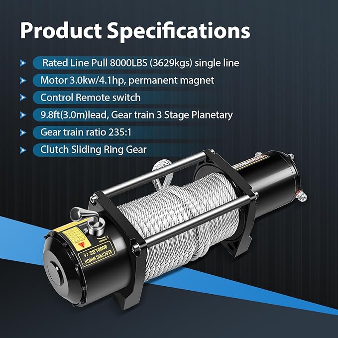 8000LBS electric winch kit, 8000LBS ATV winch UTV Truck winch, 12V winch 8000LBS Steel Cable Winch, with Wireless and Hand Remote Controller & Control Box Assembly & 4-way Roller Fairlead