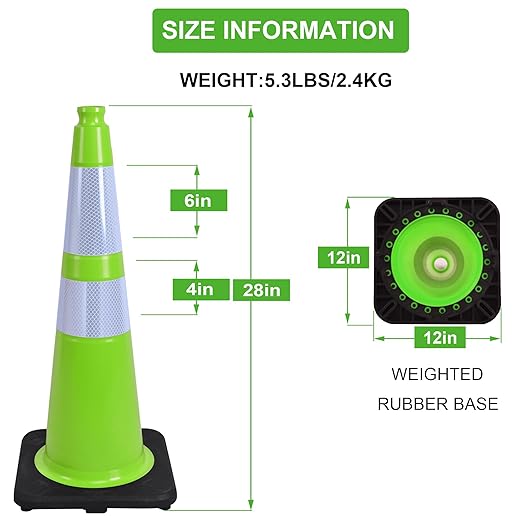OrangeStar 28" Traffic Cones 4-Pack, Green Safety Cones with Reflective Collars, Weighted Rubber Base for Highway, Roadwork, Parking Lot Safety, Warehouse, Indoor & Outdoor Use