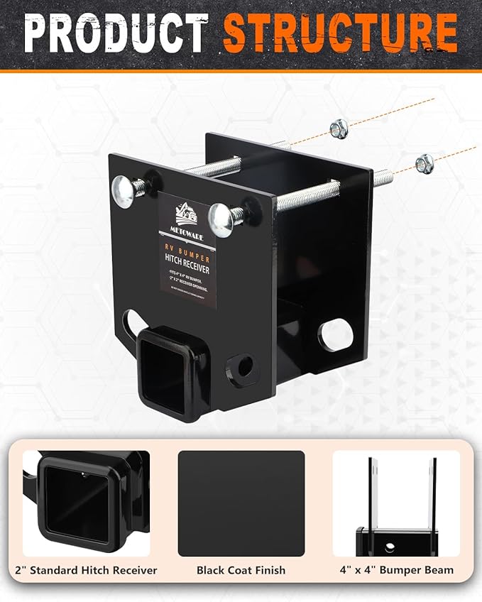 METOWARE RV Bumper Hitch Receiver, 2 Inch Hitch Adapter Fits for 4 inch X 4 inch Square Rear Bumpers, 3500 LBS Capacity Heavy Duty Receiver for RV, Cargo, Trailer, Cargo