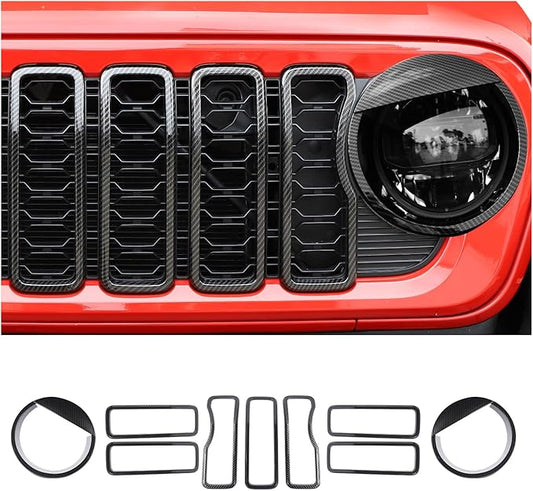 Front Grill Insert+ Headlight Bezels Cover Kit Compatible with 2024-2025+ Jeep Wrangler JL JLU & Gladiator JT, Not Fit for JL Sport & Sports(Carbon Fiber,Style A)