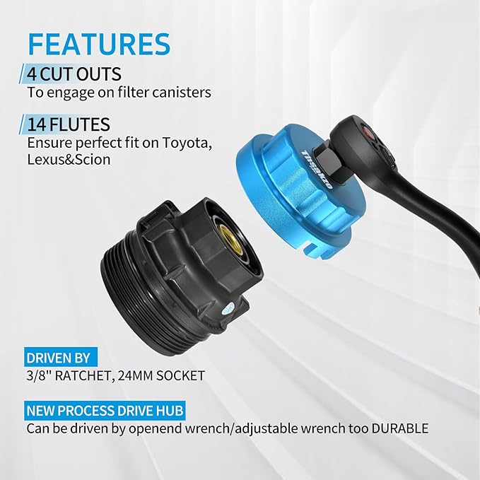 Heavy Duty Oil Filter Wrench 64mm 14 Flute/4 Slots Compatible with Toyota, Lexus, and Scion Vehicles Equipped with 2.5L to 5.7L engines Precision CNC Machined Aluminum Oil Filter Removal Tool