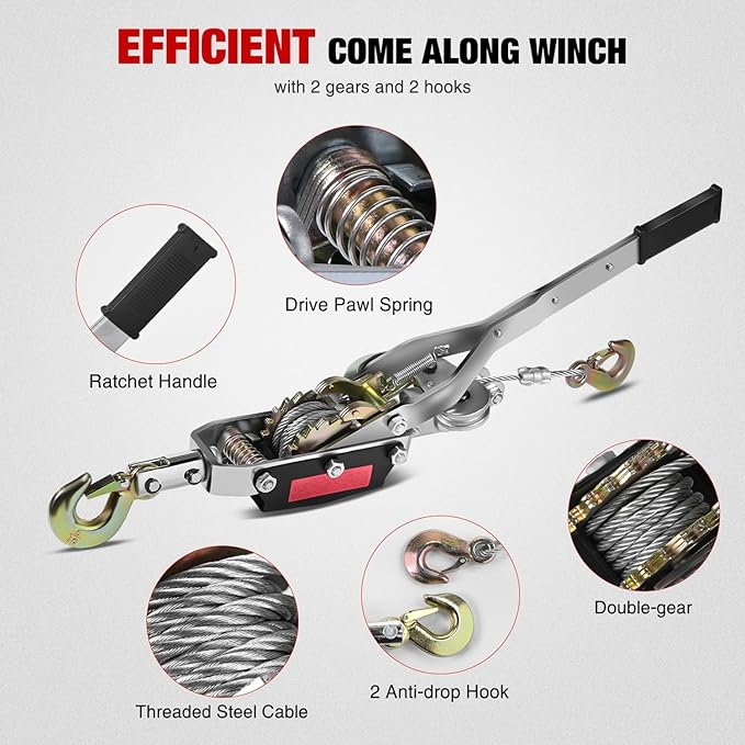 Nilight Come Along Winch 5 Ton /10,000 Lbs Heavy Duty Come Along Cable Puller Hand Winch Tool with 10 Ft Rope Double Gear 3 Hook for Lifting Pulling Road Vehicle Recovery Automotive Hoist Winch Puller