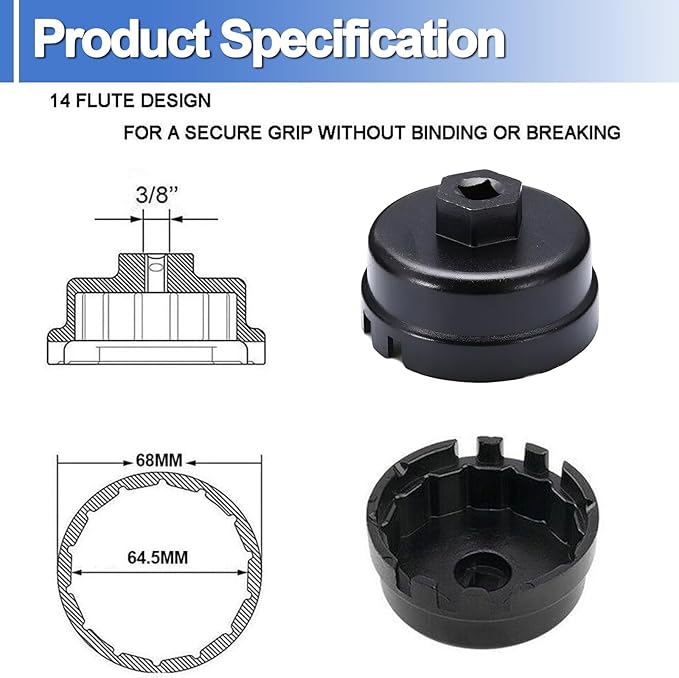 64.5mm Oil Filter Wrench Fits for Camry Lexus 4Runner 2.0L - 5.7L Engines with Cartridge Style Oil Filter System, 14 Flutes, 4 Slots Oil Filter Removal Tool, Black