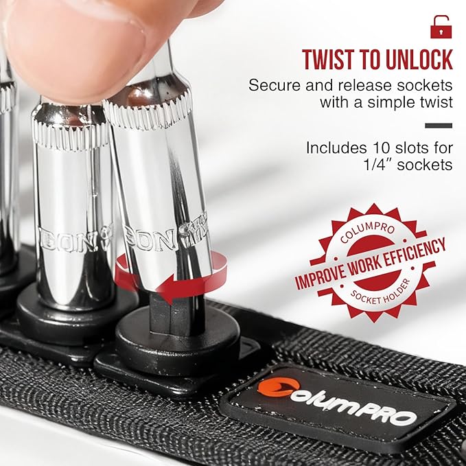 10PCS 1/4” Drive Standard Socket Set with Organizer Holder, Metric (4-13mm) 6 Point CR-V Steel Shallow Socket Set with Quick-Lock & Hanging Bracket for DIY, Repair & Mechanics