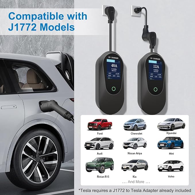 40 Amp Level 2 / Level 1 Portable EV Charger Station for SAE J1772 EV Cars (240 Volt, 25ft Cable), FCC and UL Certified, with NEMA 14-50 Plug and 5-15 to 6-20 Plug Options and J1772 to Tesla Adapter