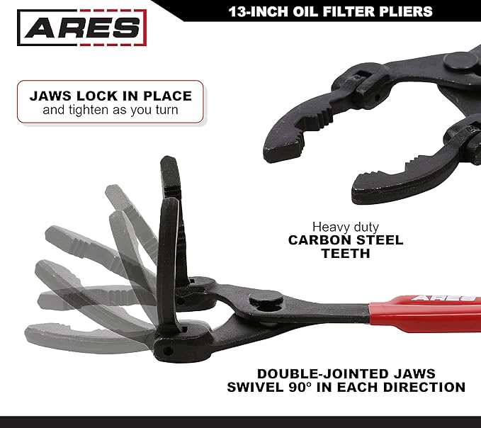 ARES 56054-13-Inch Oil Filter Pliers – 2-1/4-Inch to 4-3/4-Inch Jaw Opening - Adjustable Oil Filter Wrench Features Long Handles with Nonslip Grips and Multiposition Swivel Jaw Design