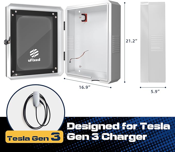 Outdoor EV Charger Enclosure Wall Box with Lock, Tesla & Chargepiont Charger Lock Box with Holder | Weatherproof, Visible, Easy to Install, White