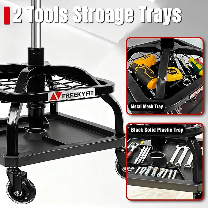 Rolling Shop Stool with Wheels, Garage Work Mechanic Stool with Backrest, Roller Mechanic Chair, Adjustable Height, 360° Swivel, Tool Tray Storage, 330 LBS Capacity, Heavy Duty, Black