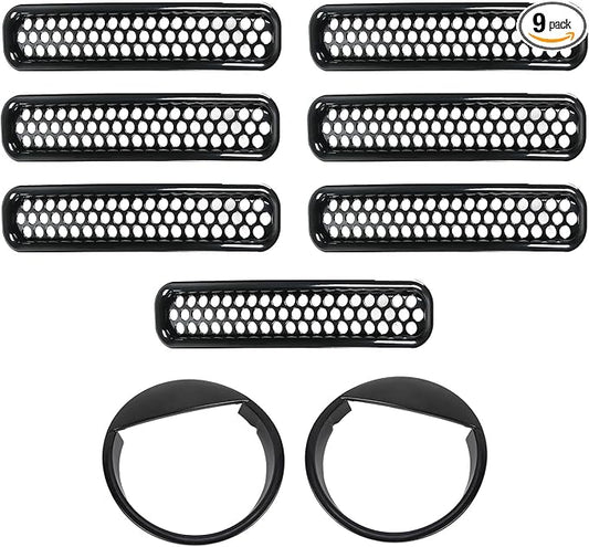 Honeycomb Front Grille Mesh Inserts & angry eyes Headlight Bezels Cover Trim Fit for 1997-2006 Jeep Wrangler TJ & Unlimited Exterior Accessories Clip-in Grille Guard Cover Headlight Bezels Trim Ring