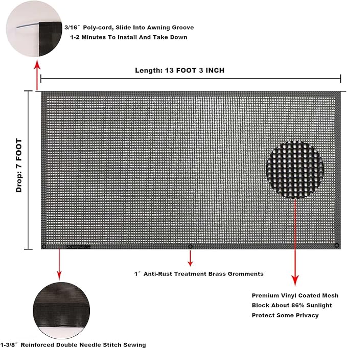 Tentproinc RV Awning Sun Shade Screen 7' X 13' 3'' (Fit for 14' Awning) Mesh Shadescreen Sunshade UV Blocker Motorhome Camping Trailer Awning Shade Screen Sunscreen - 3 Year Warranty (Black)