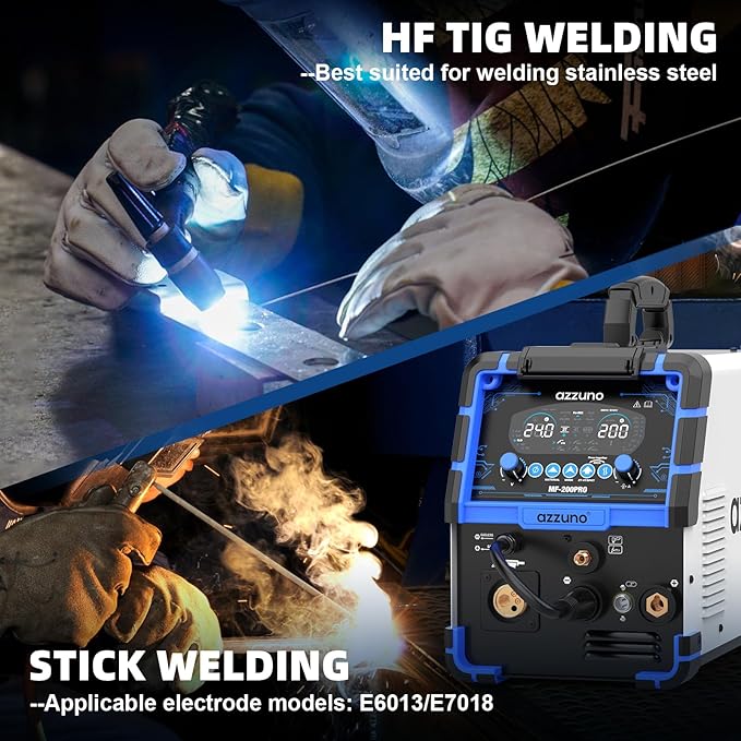 AZZUNO Plasma Cutter Welder Combo 200A, Gas MIG/PULSE MIG/MAG/Flux Gasless MIG/HF TIG/Stick/CUT/SPOT MIG 8 in 1 Multiprocess Welder Machine, 110/220V Dual Voltage Aluminum Welding Machine