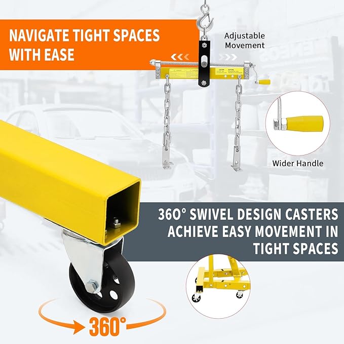 2 Ton Folding Hydraulic Engine Hoist with Load Leveler 4400 LBS Capacity Heavy Duty Cherry Picker 6 Swivel Wheels&Hydraulic Pump Adjustable Boom (0.5T-2T) for Garage Workshop Warehouse Yellow