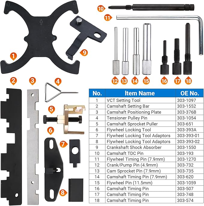 18PCS Engine Timing Tool Kit, Camshaft Locking Set with Flywheel Lock, Replaces 303-1097 303-1552, Fits Ford 1.5L 1.6L 2.0L EcoBoost (Focus Fiesta Escape) & Mazda 3 Volvo, for Timing Alignment