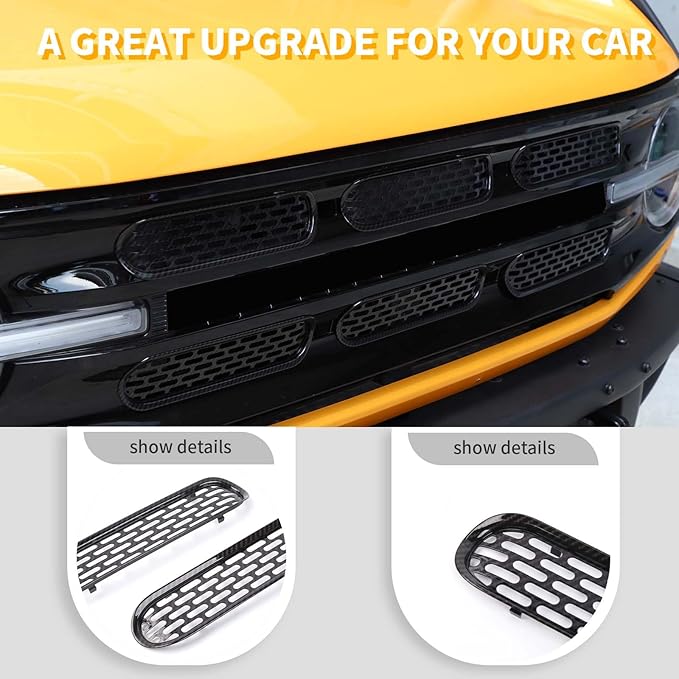 Jimen Compatible with Ford Bronco 2021-2023, 6PCS Front Grille Inserts Mesh Grill Cover Exterior Trim Accessories (Carbon Fiber)