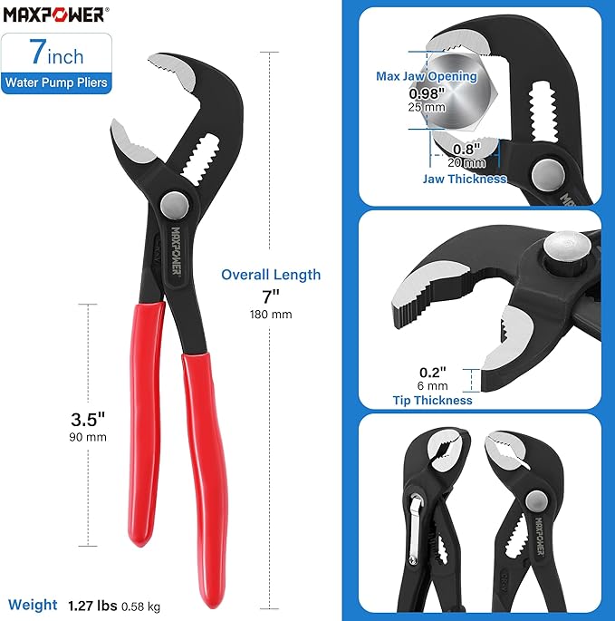 MAXPOWER 7 inch Water Pump Pliers, with 0.98 inch Jaw Capacity Opening Push Button Lock Pliers