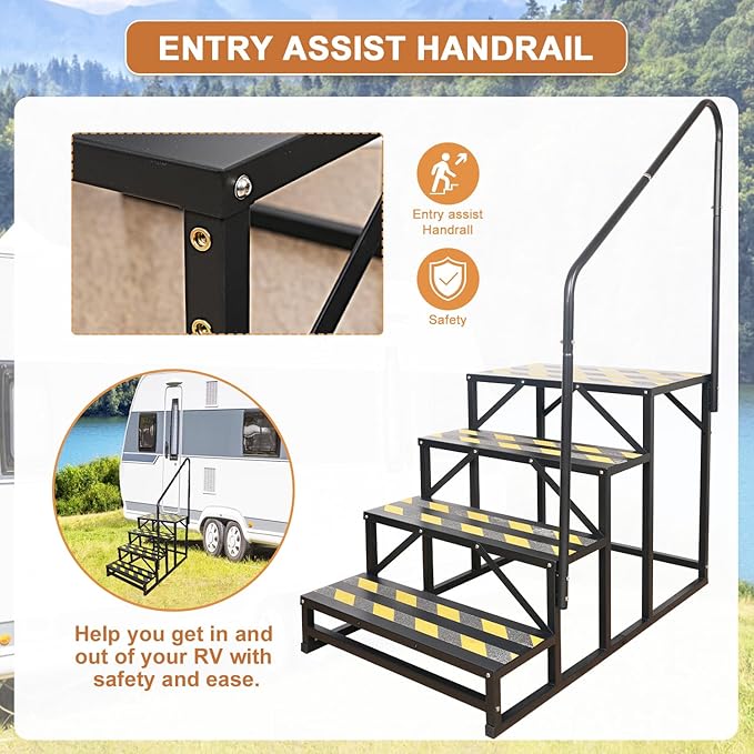 4 Step RV Stairs, Hot Tub Steps, Outdoor Spa Step Ladder with Handrail,Portable Economy 5th Wheel Stair for Travel Trailer, Motor Home, Camper and Porch with Non-Skid Tapes