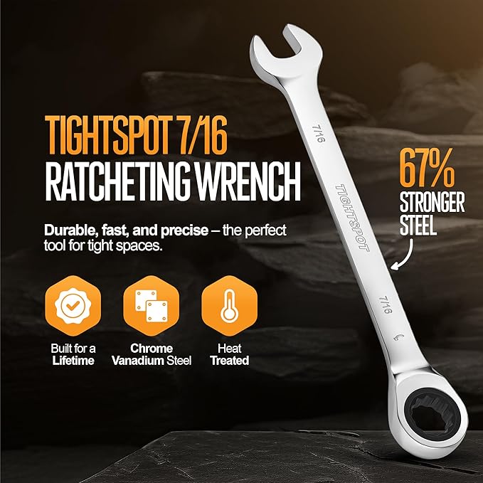 TIGHTSPOT 7/16 Inch Ratchet Combination Wrench with Precision Movement and Hardened, Polished Steel for Projects with SAE Tight Spaces