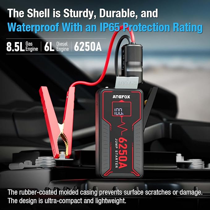 6250A Jump Starter Portable with Smart Clamp, ATGFOX 12V Car Battery Booster Pack for Trucks, up to 8.5L Gas/6.0L Diesel, Jump Box, 16000mAh Power Bank & Jumper Cables, Quick Charge