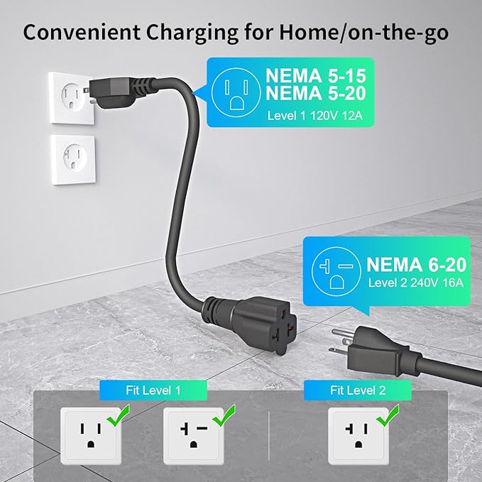 Level 2 EV Charger 16 Amp 25ft Cable 240V NEMA 6-20 Plug, 120V NEMA 5-15 Adapter, Mobile Portable Electric Vehicle Charger Plug-in Home EV Charging Station for SAE J1772 Evs Adjustable Current
