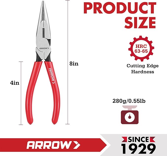 ARROW 8" High Leverage Needle Nose Pliers with Side Cutters, Long Nose Pliers for Gripping, Wire Bending, Cutting