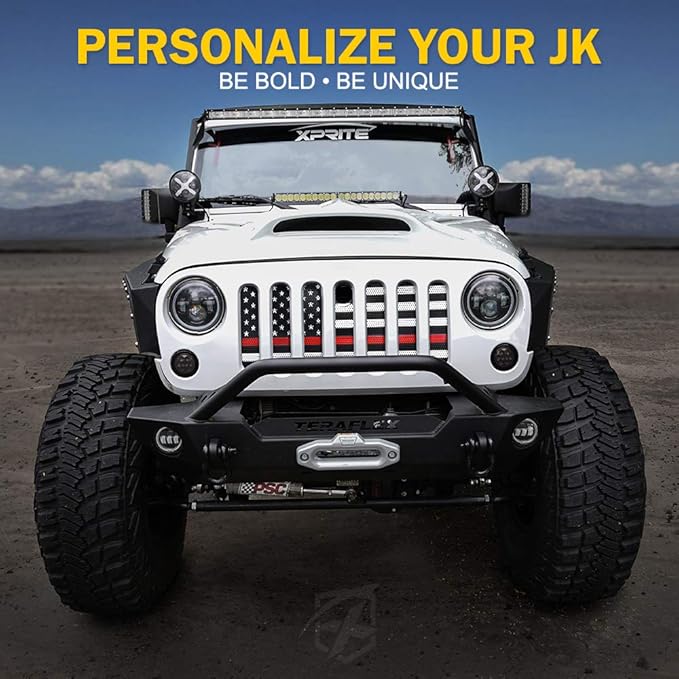 Xprite Aluminum Alloy Mesh Grill Insert with Hood Lock Hole & Firefighter Red Stripe, Compatible with 2007-2018 Jeep Wrangler JK JKU