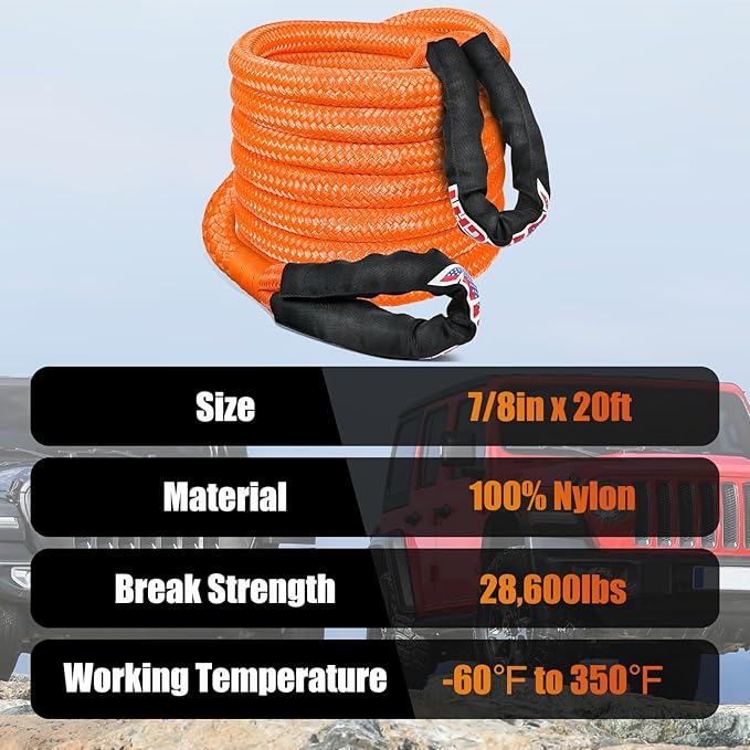 Nilight Kinetic Recovery Rope 28,600LBS 7/8" x 20ft Snatch Strap Heavy Duty Offroad Towing Strap Kit Vehicle Recovery kit for UTV ATV SUV Truck Car Jeep Tractor