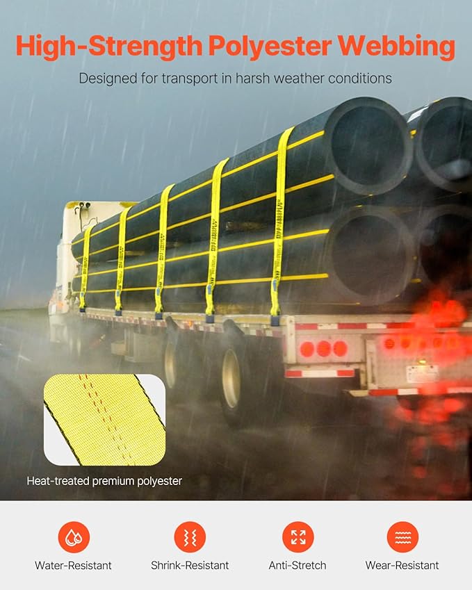 VEVOR Truck Straps, 4" x 30' Heavy Duty Tie Down w/Flat Hooks 18,000lbs Break Strength, WLL# 6000lbs, Cargo Straps tie Down for Flatbeds, Trucks, Trailers, Farms, Rescues, Tree Saver, Yellow(4 Pack)