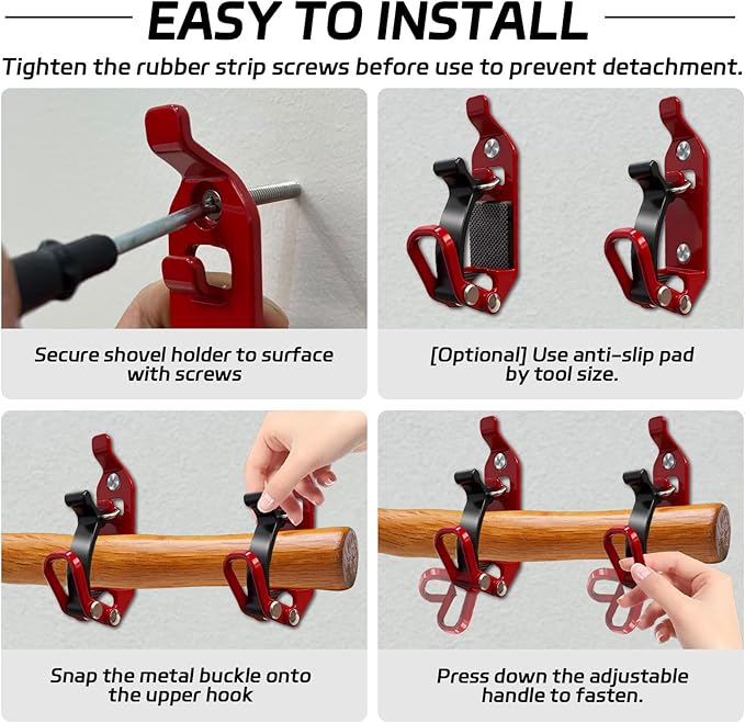 8Pcs Red Car Accessories - Metal Rubber Clamp Wall Mounting Brackets, Quick Release Axe Holder & Shovel Mount for Roof Rack, Truck, Boat, Military Equipment & Tools, Fits 0.67–1.57" Tools