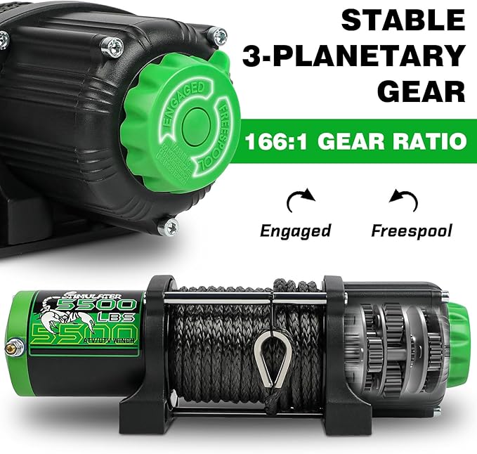STIMULATER 5500LB ATV/UTV Winch,12V Electric Winch,Winch with 1/4'' x 50' Synthetic Rope,with Wireless Remote and Wired Switch,with Hawse Fairlead&Hook,IP67 Waterproof,Suitable for Most ATVs and UTVs