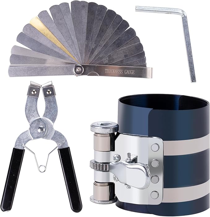 Piston Ring Compressor Tool Car Engine Piston Ring Installer Removal Kit Adjustable Sizes From 2-1/8 Inches To 7 Inches，with Piston Installer Plier and Stainless Steel Feeler Gauge