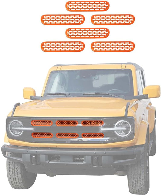 Jimen Compatible with Ford Bronco 2021-2023, 6PCS Front Grille Inserts Mesh Grill Cover Exterior Trim Accessories (Orange)
