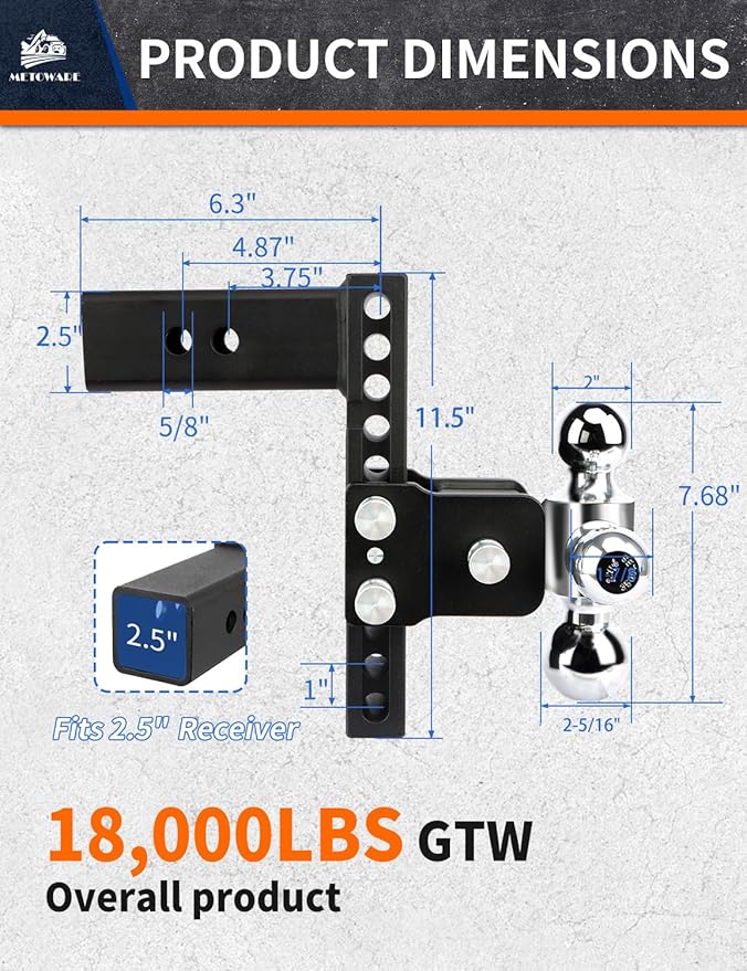 METOWARE Adjustable Trailer Hitch Ball Mount-Fits 2.5" Receiver-Heavy Duty Drop Hitch, Tri-Ball (1-7/8" x 2" x 2-5/16") 8" Drop/Rise, 18,000 GTW and Anti-Theft Stainless Steel Lock