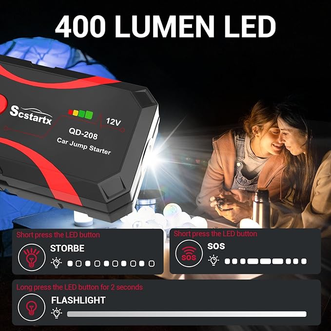 208 Car Battery Jump Starter, Portable Power Battery Pack 2000A Peak 12V Jump Box for Motorcycle Up to 7L Gas & 4L Diesel 3 Modes Flashlight and Safety Jumper Clamps