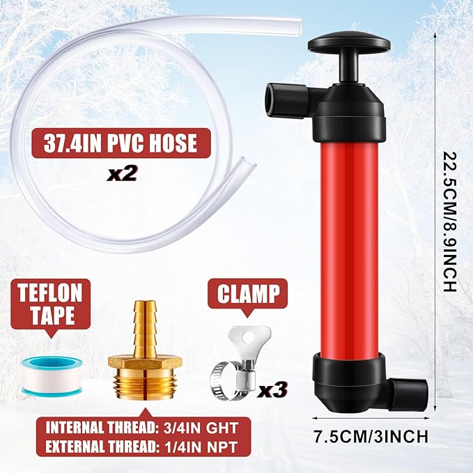RV Antifreeze Siphon Hand Pump Kit, Liquid Transfer Pump with Two 1 Metre Clear PVC Hoses for Petrol, Oil and Fluids, Fuel Siphon Pumps with 2 Clamps, Camper, Boat Winterization Accessories