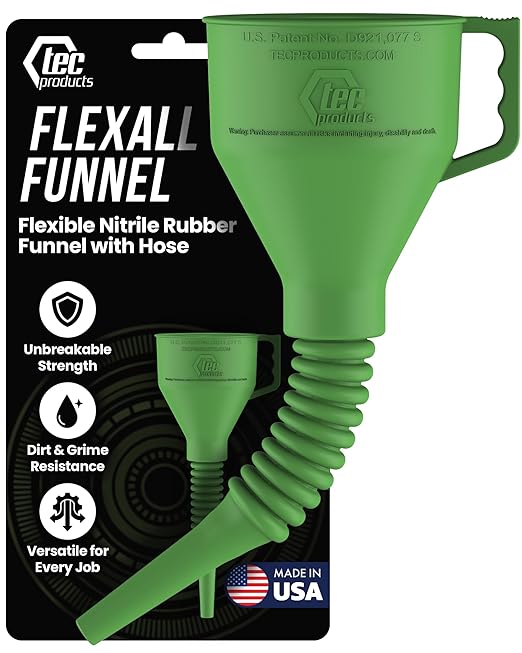 TEC Products FlexAll Long Flexible Funnel for Automotive Use - Durable Nitrile Rubber - Ideal for Car Oil Change, Transmission Funnel Fluid, Diesel, Fuel, Gas - Made in USA - Green (16 x 5 Inches)