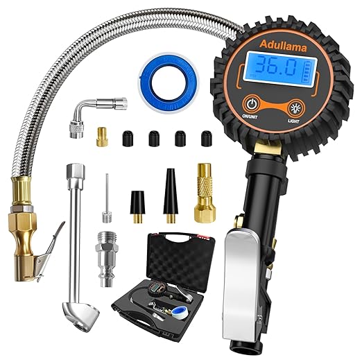 Digital Tire Pressure Gauge with Inflator, 250 PSI Heavy Duty Air Chuck Air Compressor Attachments, Improved Leaks Protection & Stainless Braided Hose Tire Gauge with a Portable Carrying Box