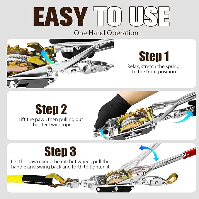 Come Along Winch 2 Ton Capacity with 7.54FT Steel Cable Heavy Duty Come Along Tool with Dual Gears 2 Hooks with Two 1"x8FT Lifting Straps Hand Winch Tool for Road Vehicle Recovery and Pulling