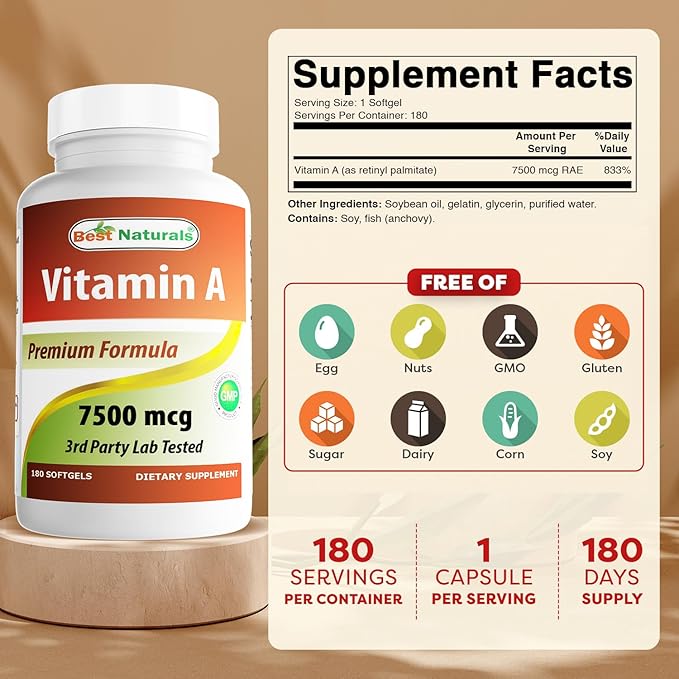 Best Naturals Vitamin A 25000 IU (7500 mcg), Non-GMO Formula Supports Healthy Vision & Immune System and Healthy Growth & Reproduction, 180 Softgels (180 Count (Pack of 1))