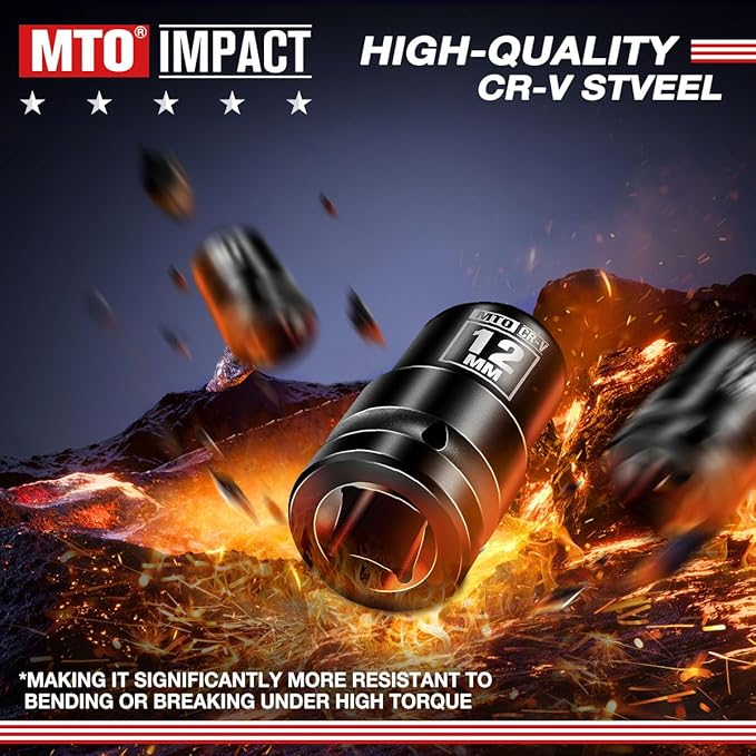MTO 1/2" Drive 12mm Shallow Impact Socket, 6-Point Metric Socket for Automotive Maintaince, CR-V Steel Meets ANSI Standards